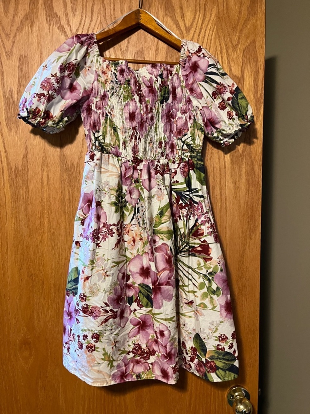 Maison Tara Purple & Green Floral Smocked Puff-Sleeve Dress - Picture 7 of 8